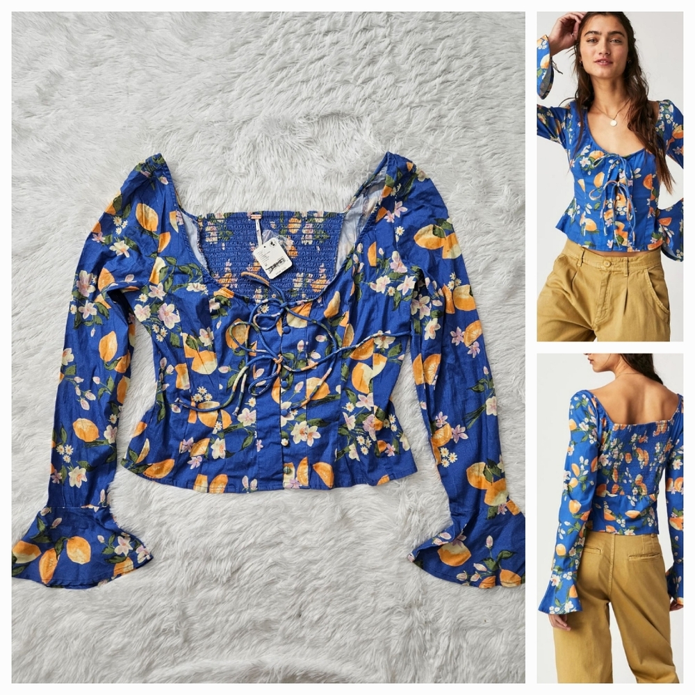 Free People Kayla Pintuck Top Indigo Combo